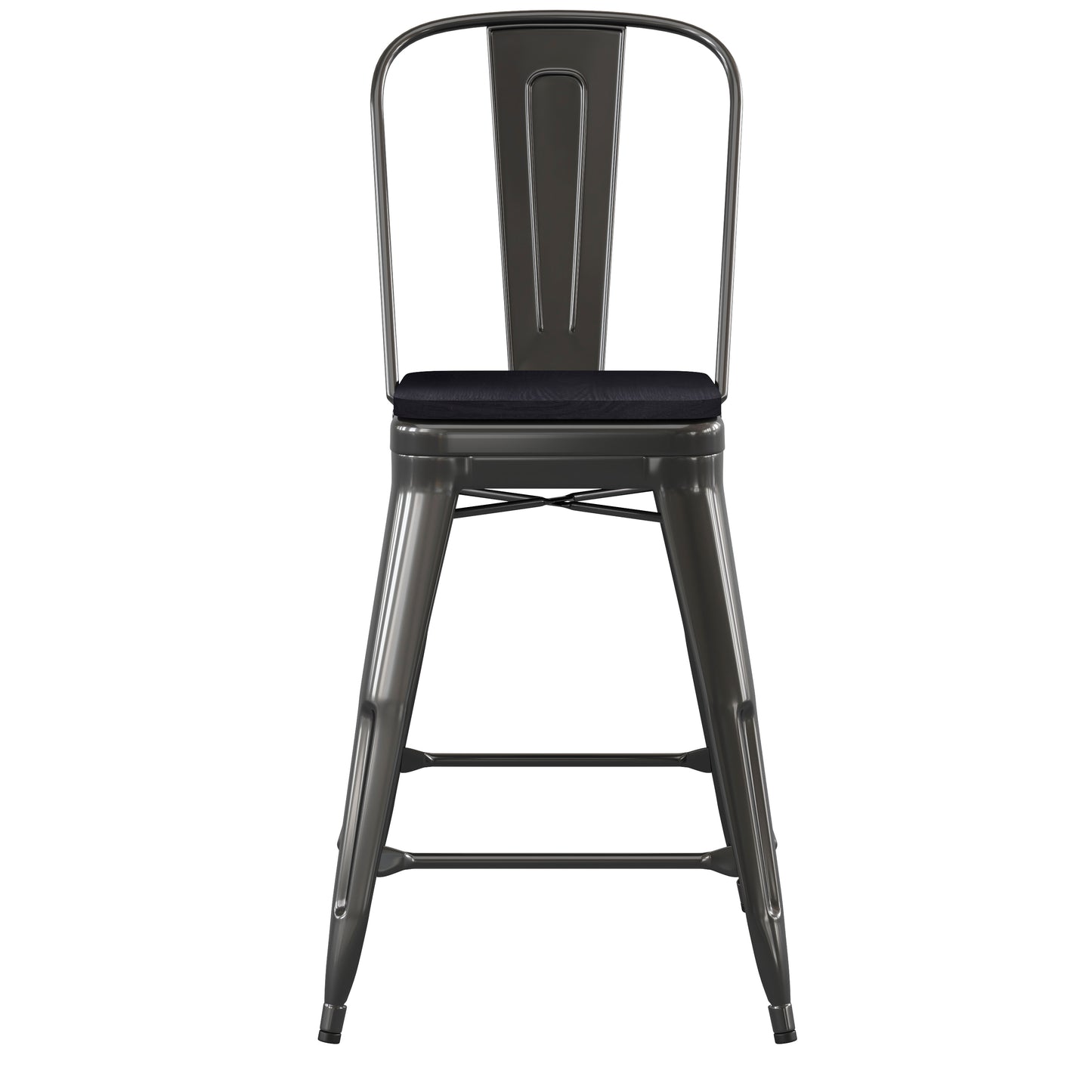 Kai Commercial Grade 24" High Black Metal Indoor-Outdoor Counter Height Stool with Removable Back and Black All-Weather Poly Resin Seat Black Seat/Black Frame