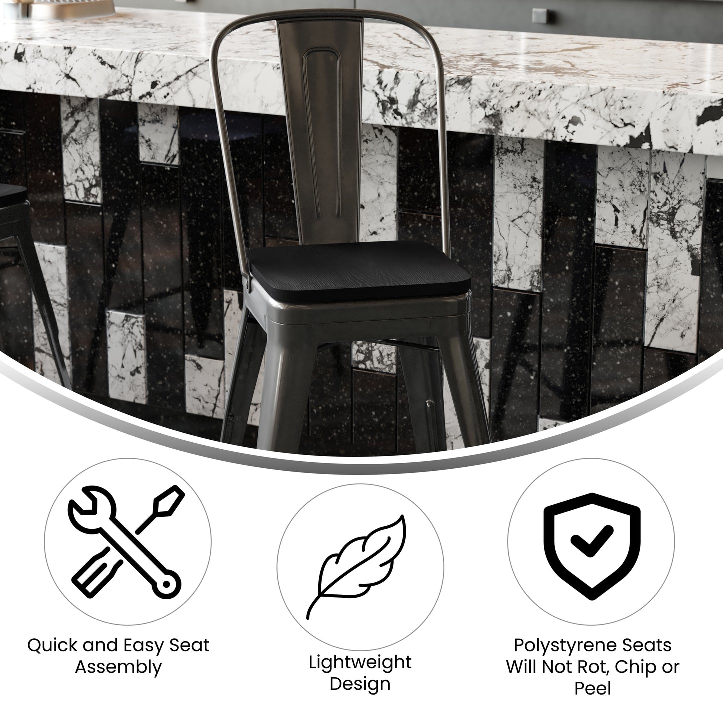 Kai Commercial Grade 24" High Black Metal Indoor-Outdoor Counter Height Stool with Removable Back and Black All-Weather Poly Resin Seat Black Seat/Black Frame