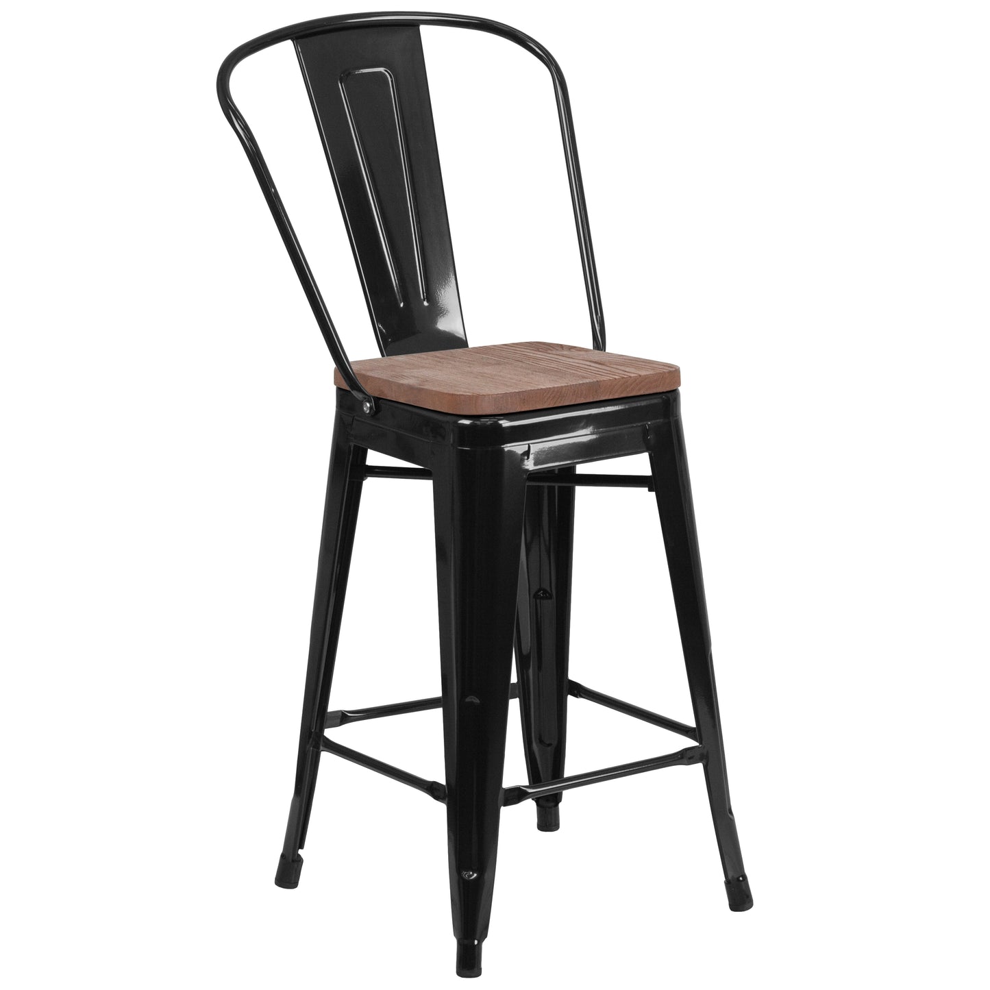 Lily 24" High Black Metal Counter Height Stool with Back and Wood Seat Black