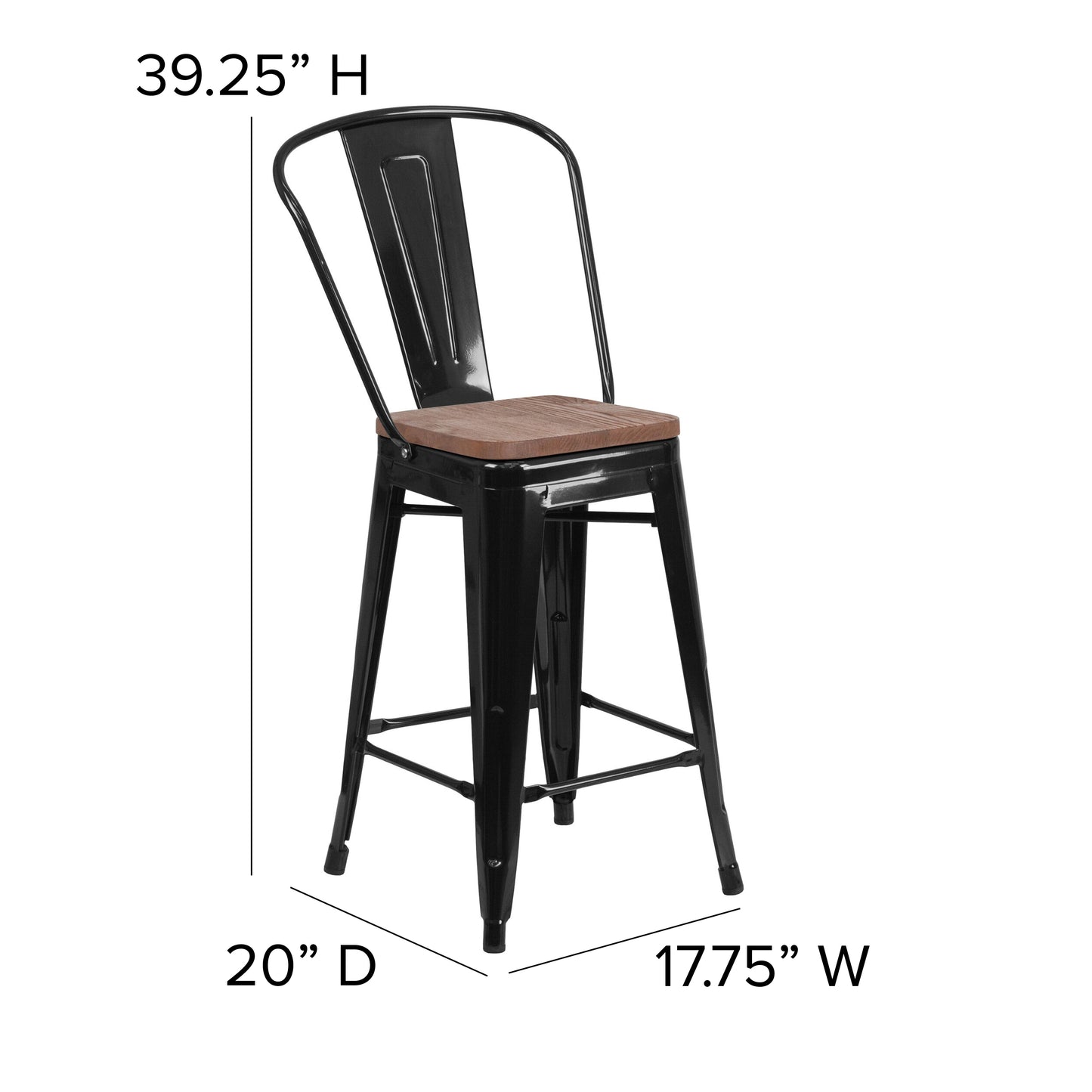 Lily 24" High Black Metal Counter Height Stool with Back and Wood Seat Black