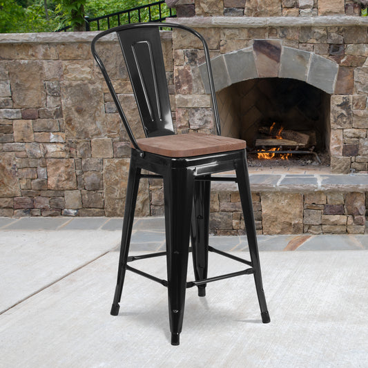 Lily 24" High Black Metal Counter Height Stool with Back and Wood Seat Black