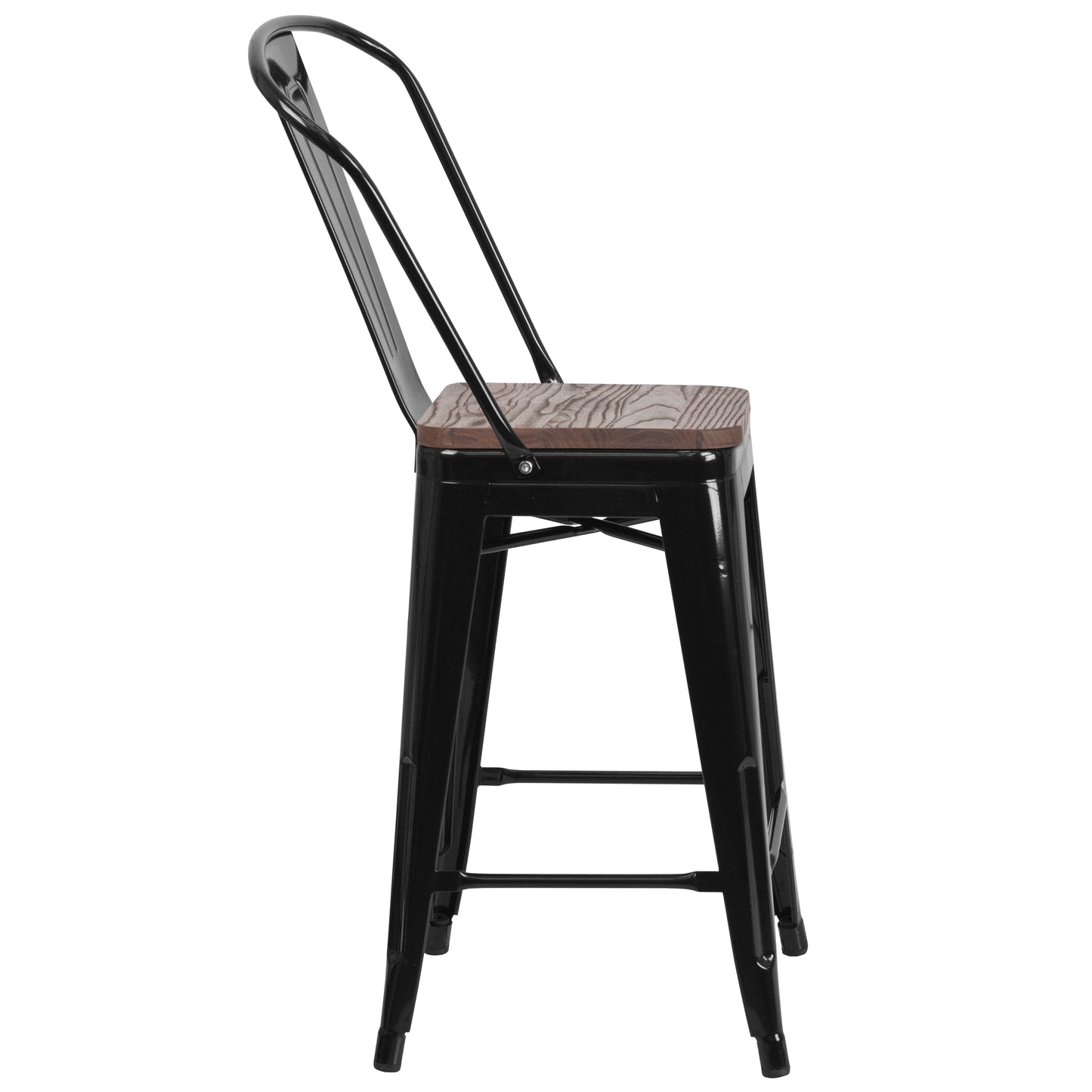 Lily 24" High Black Metal Counter Height Stool with Back and Wood Seat Black