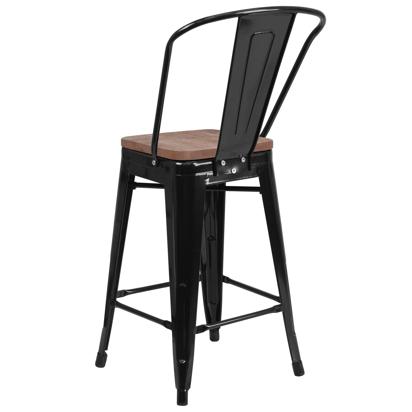 Lily 24" High Black Metal Counter Height Stool with Back and Wood Seat Black