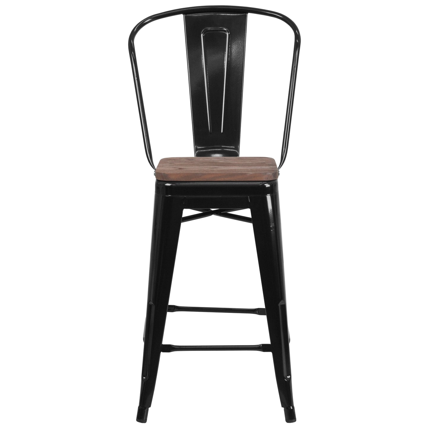 Lily 24" High Black Metal Counter Height Stool with Back and Wood Seat Black