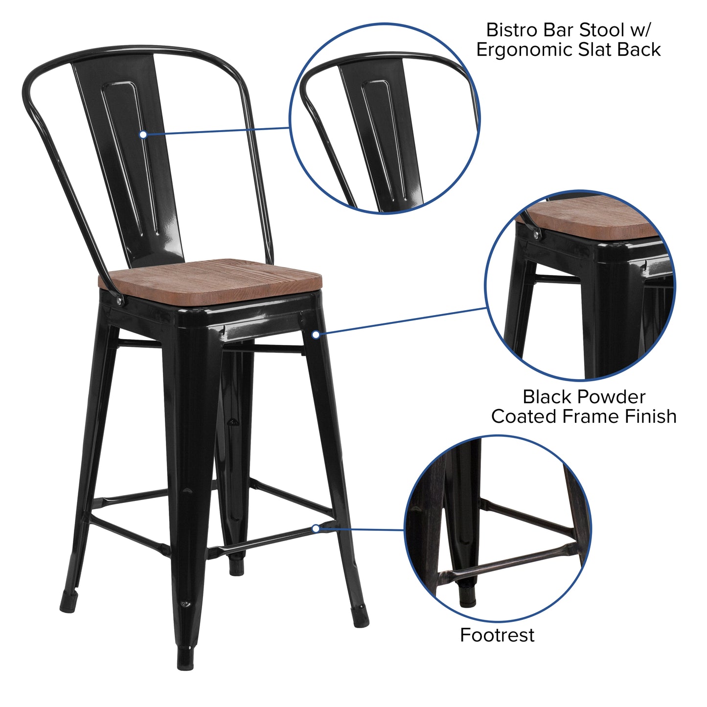Lily 24" High Black Metal Counter Height Stool with Back and Wood Seat Black