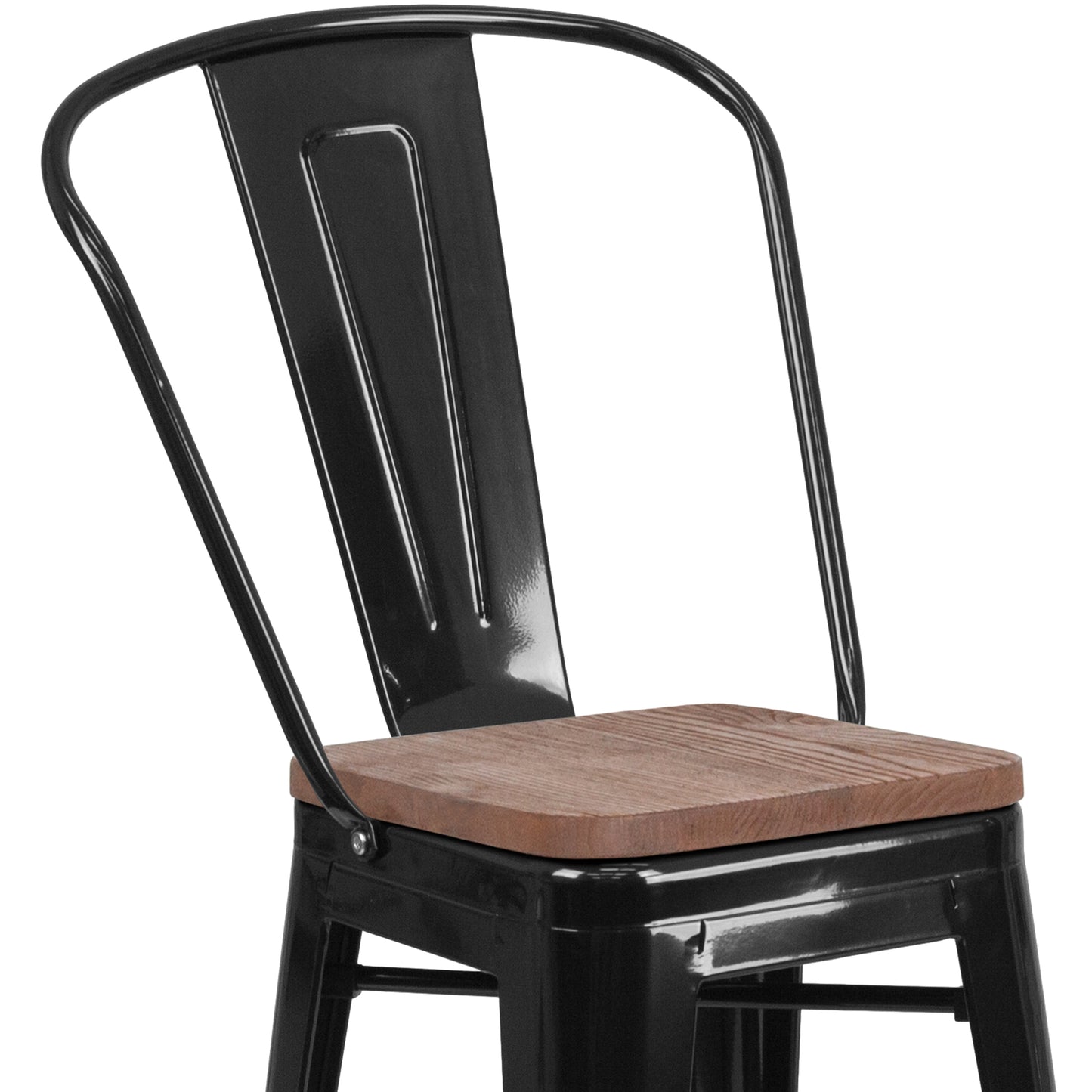 Lily 24" High Black Metal Counter Height Stool with Back and Wood Seat Black