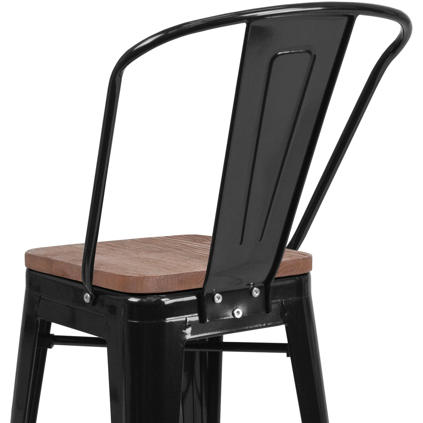 Lily 24" High Black Metal Counter Height Stool with Back and Wood Seat Black