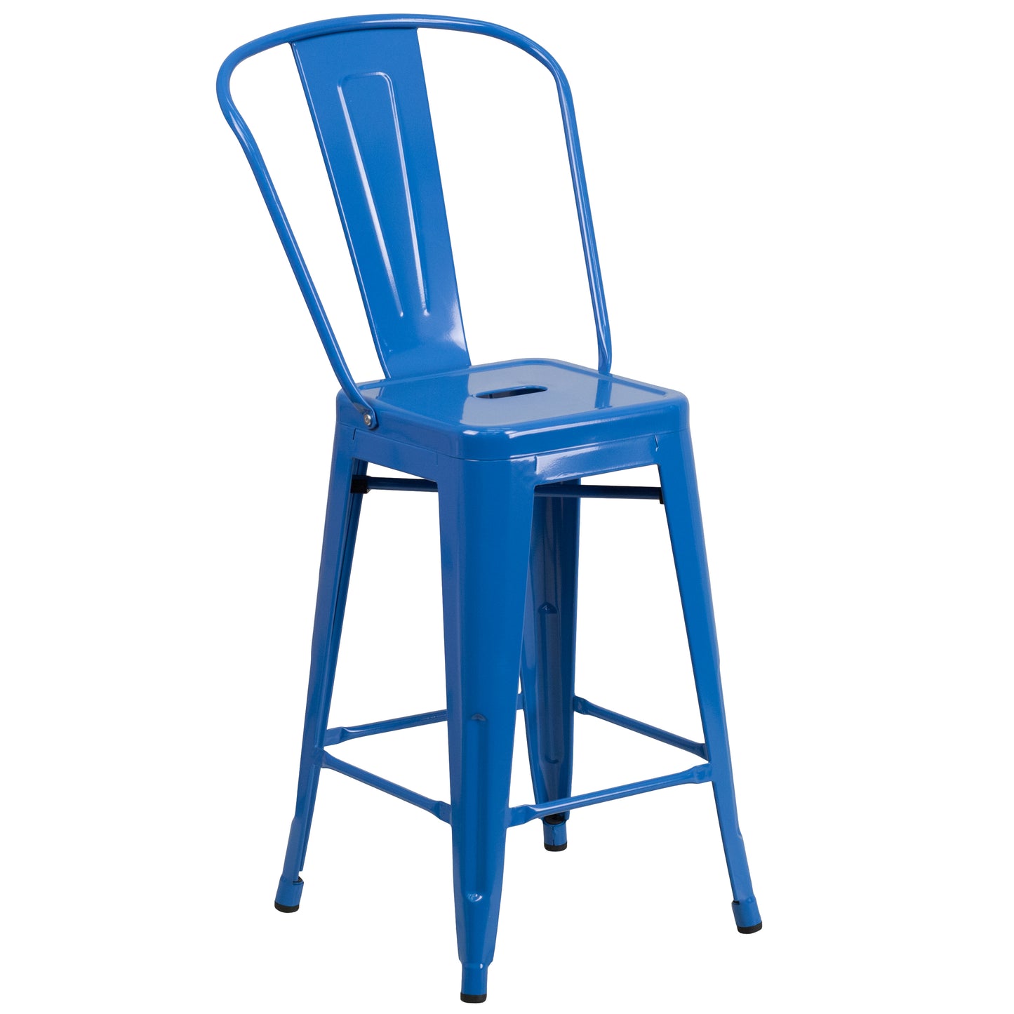 Kai Commercial Grade 24" High Blue Metal Indoor-Outdoor Counter Height Stool with Removable Back Blue