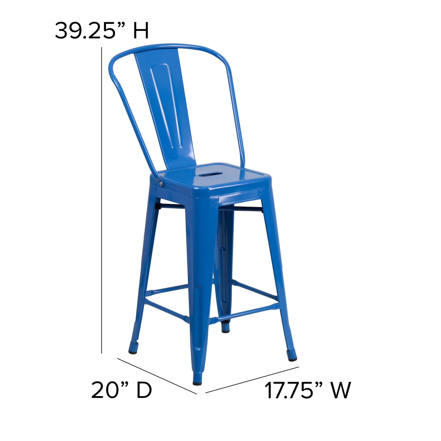 Kai Commercial Grade 24" High Blue Metal Indoor-Outdoor Counter Height Stool with Removable Back Blue