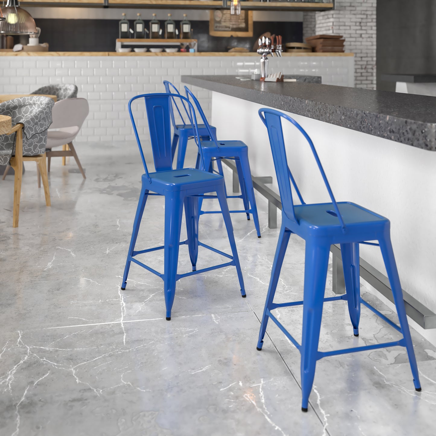 Kai Commercial Grade 24" High Blue Metal Indoor-Outdoor Counter Height Stool with Removable Back Blue