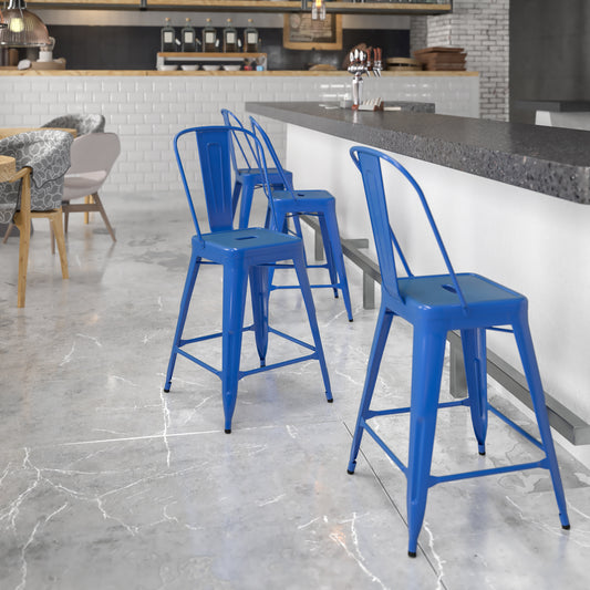 Kai Commercial Grade 24" High Blue Metal Indoor-Outdoor Counter Height Stool with Removable Back Blue
