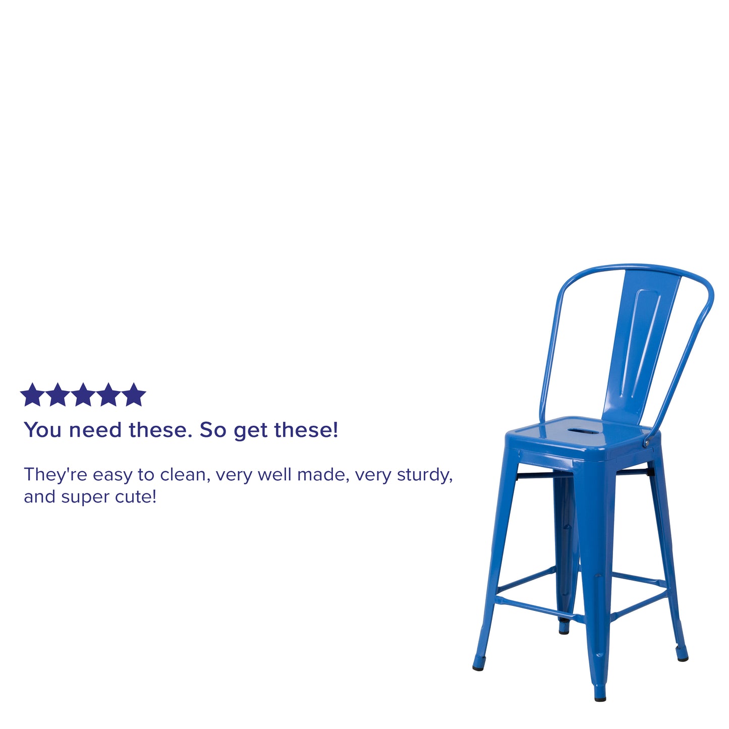Kai Commercial Grade 24" High Blue Metal Indoor-Outdoor Counter Height Stool with Removable Back Blue