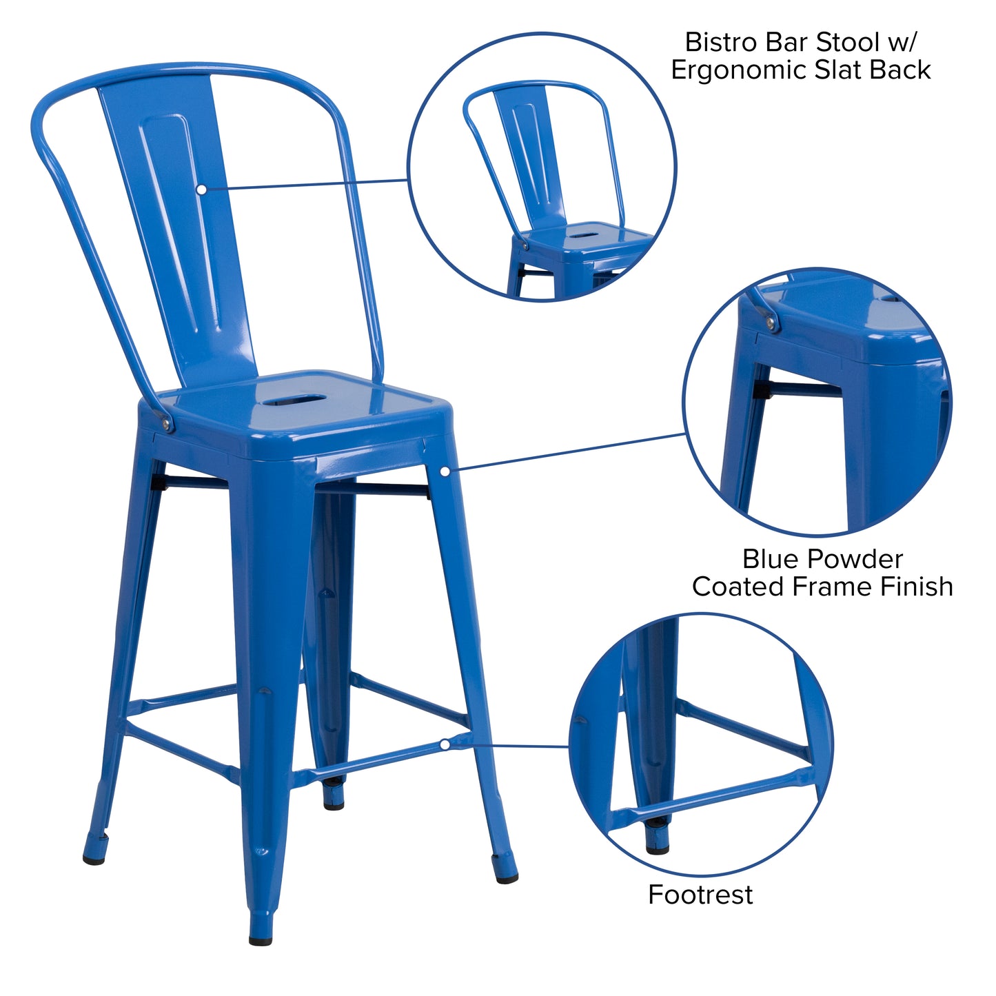 Kai Commercial Grade 24" High Blue Metal Indoor-Outdoor Counter Height Stool with Removable Back Blue