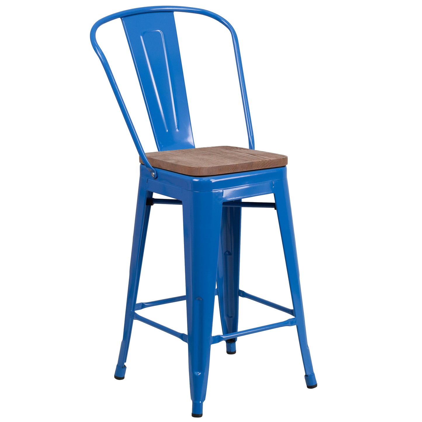Lily 24" High Blue Metal Counter Height Stool with Back and Wood Seat Blue