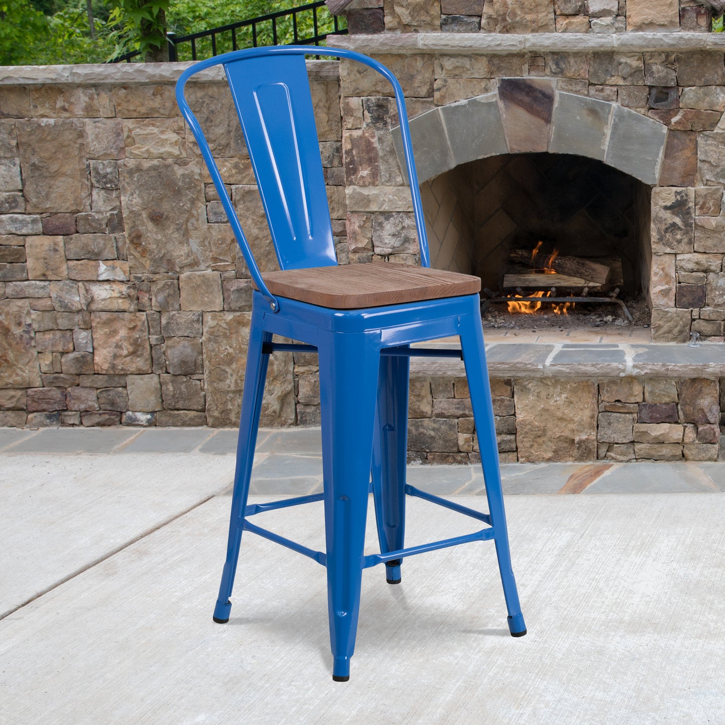 Lily 24" High Blue Metal Counter Height Stool with Back and Wood Seat Blue