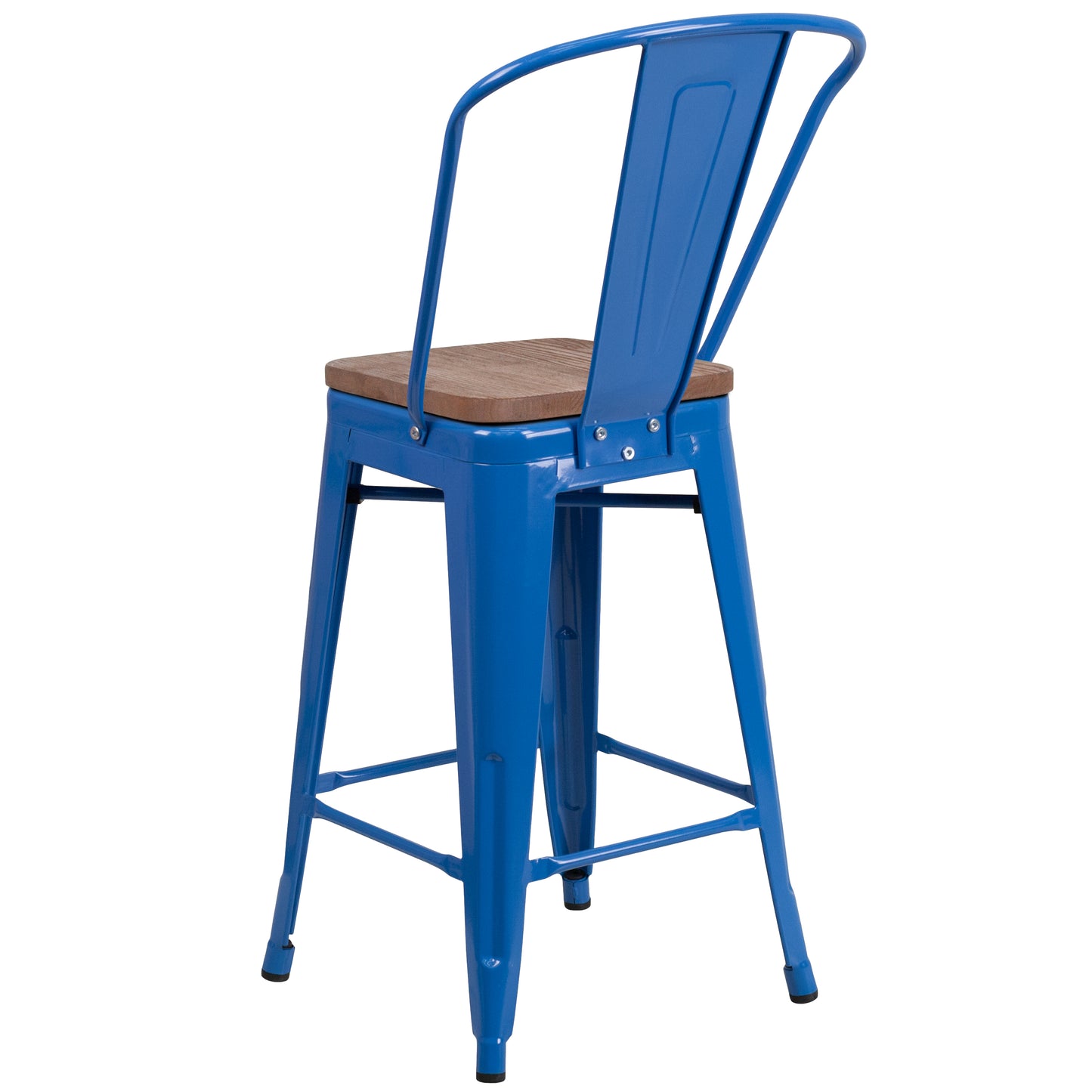 Lily 24" High Blue Metal Counter Height Stool with Back and Wood Seat Blue