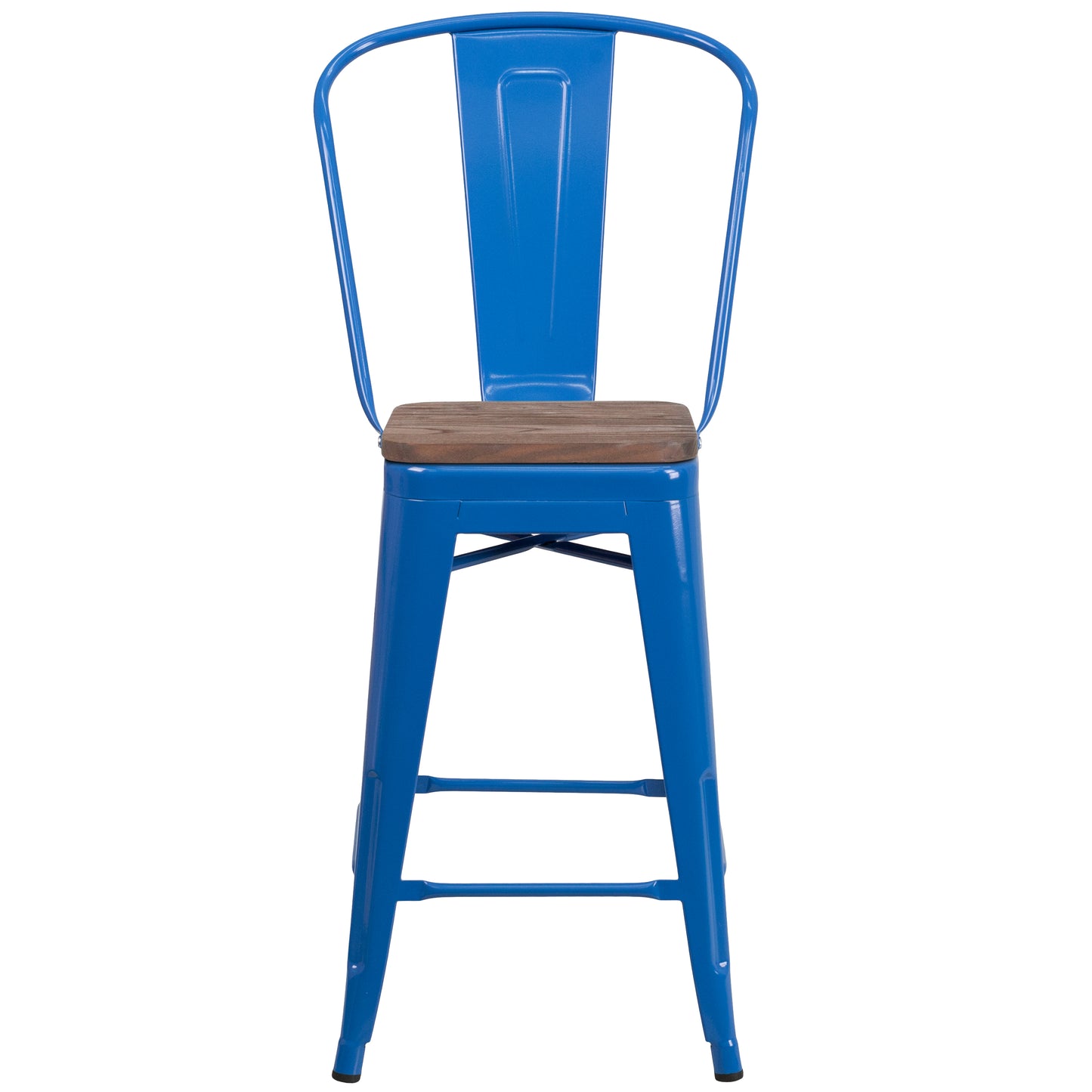 Lily 24" High Blue Metal Counter Height Stool with Back and Wood Seat Blue