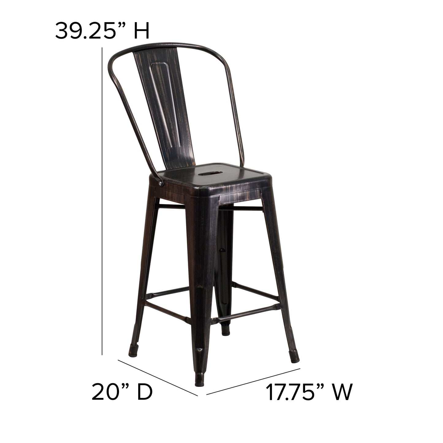 Kai Commercial Grade 24" High Black-Antique Gold Metal Indoor-Outdoor Counter Height Stool with Removable Back Black-Antique Gold CH-31320-24GB-BQ-GG
