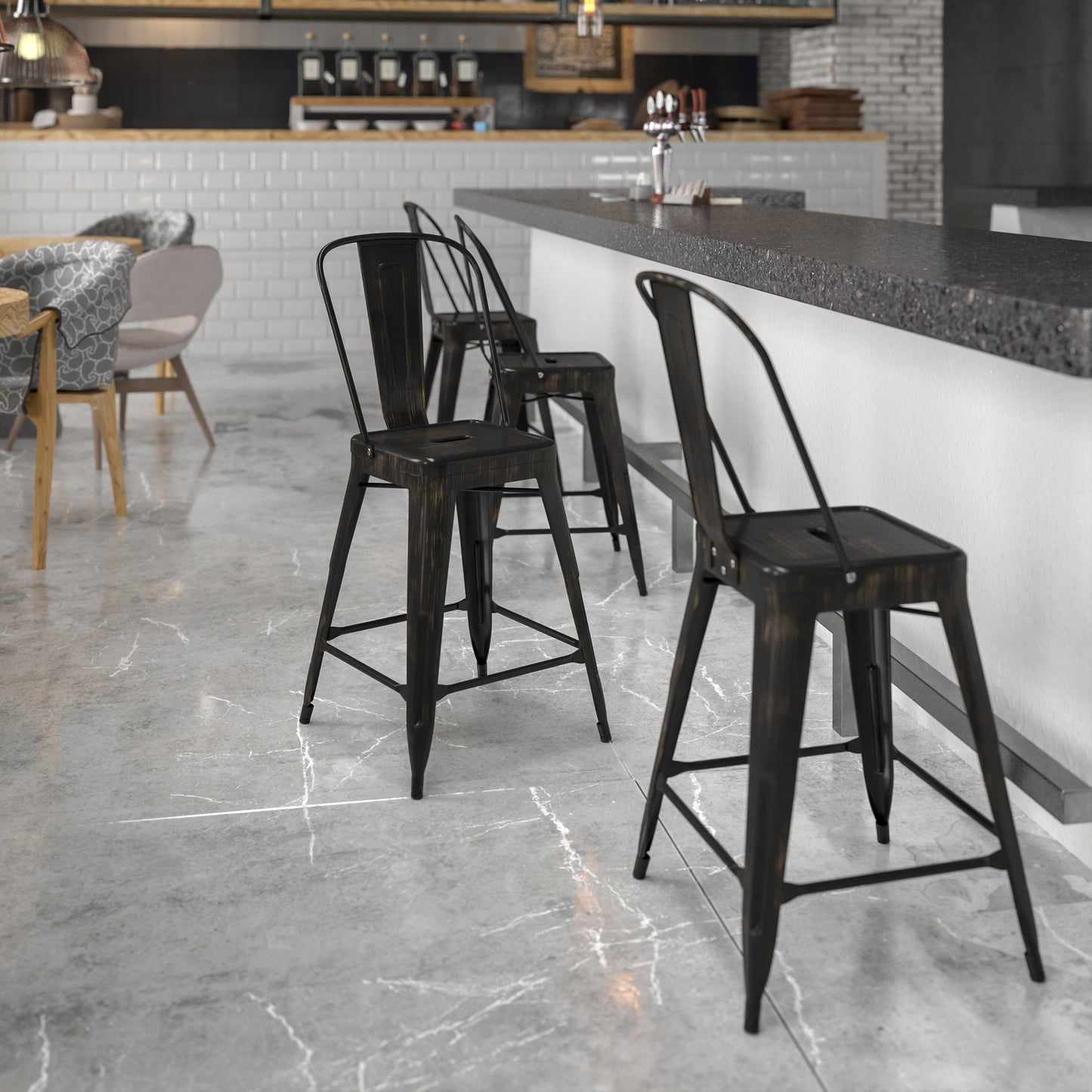 Kai Commercial Grade 24" High Black-Antique Gold Metal Indoor-Outdoor Counter Height Stool with Removable Back Black-Antique Gold CH-31320-24GB-BQ-GG