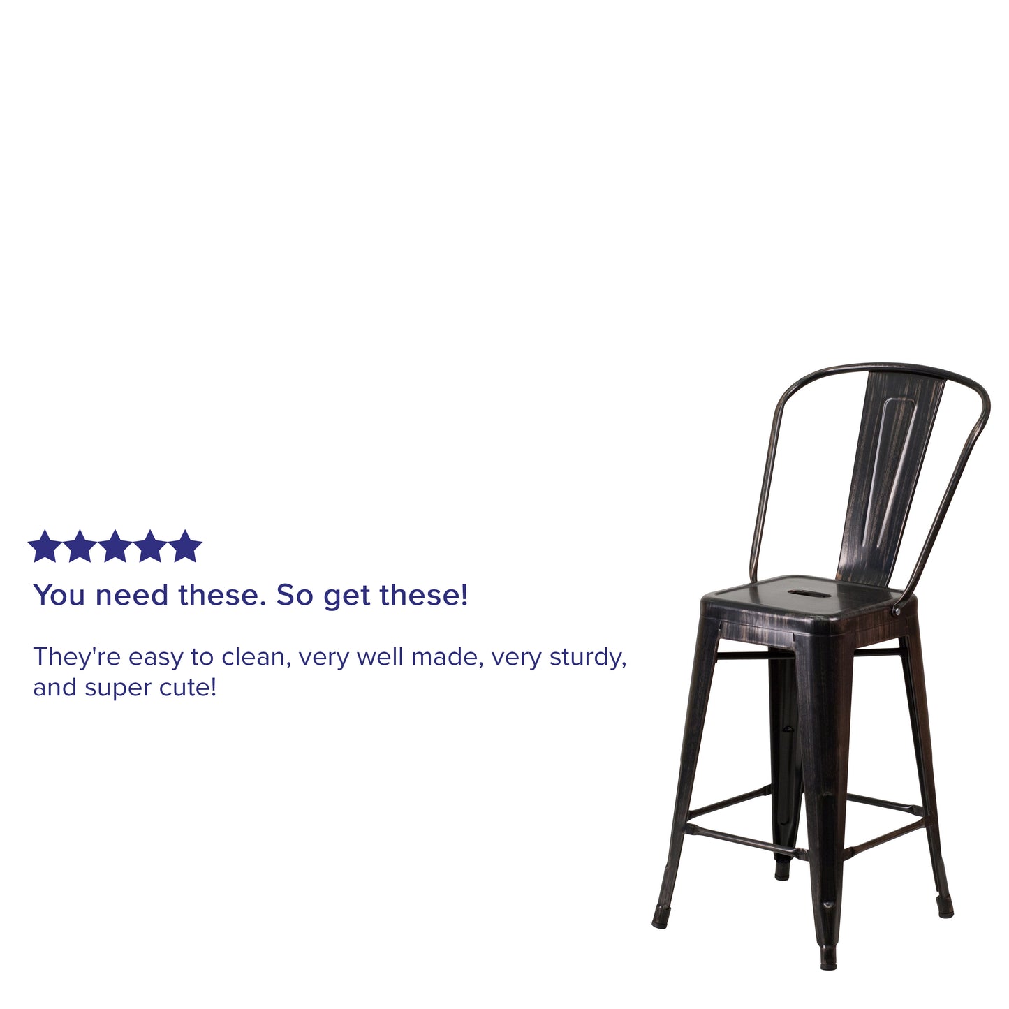 Kai Commercial Grade 24" High Black-Antique Gold Metal Indoor-Outdoor Counter Height Stool with Removable Back Black-Antique Gold CH-31320-24GB-BQ-GG