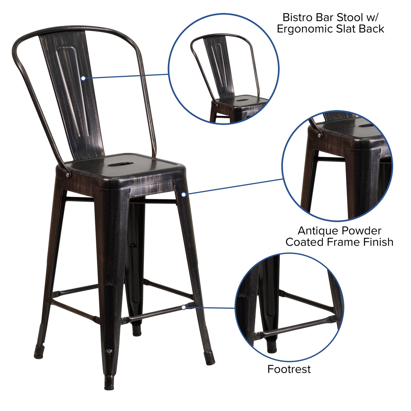 Kai Commercial Grade 24" High Black-Antique Gold Metal Indoor-Outdoor Counter Height Stool with Removable Back Black-Antique Gold CH-31320-24GB-BQ-GG