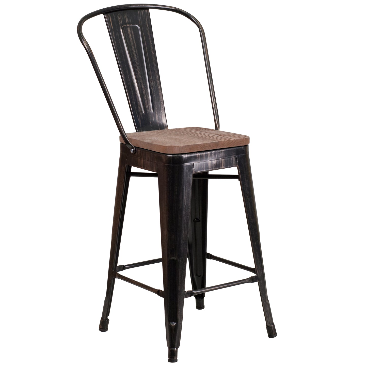 Lily 24" High Black-Antique Gold Metal Counter Height Stool with Back and Wood Seat Black-Antique Gold