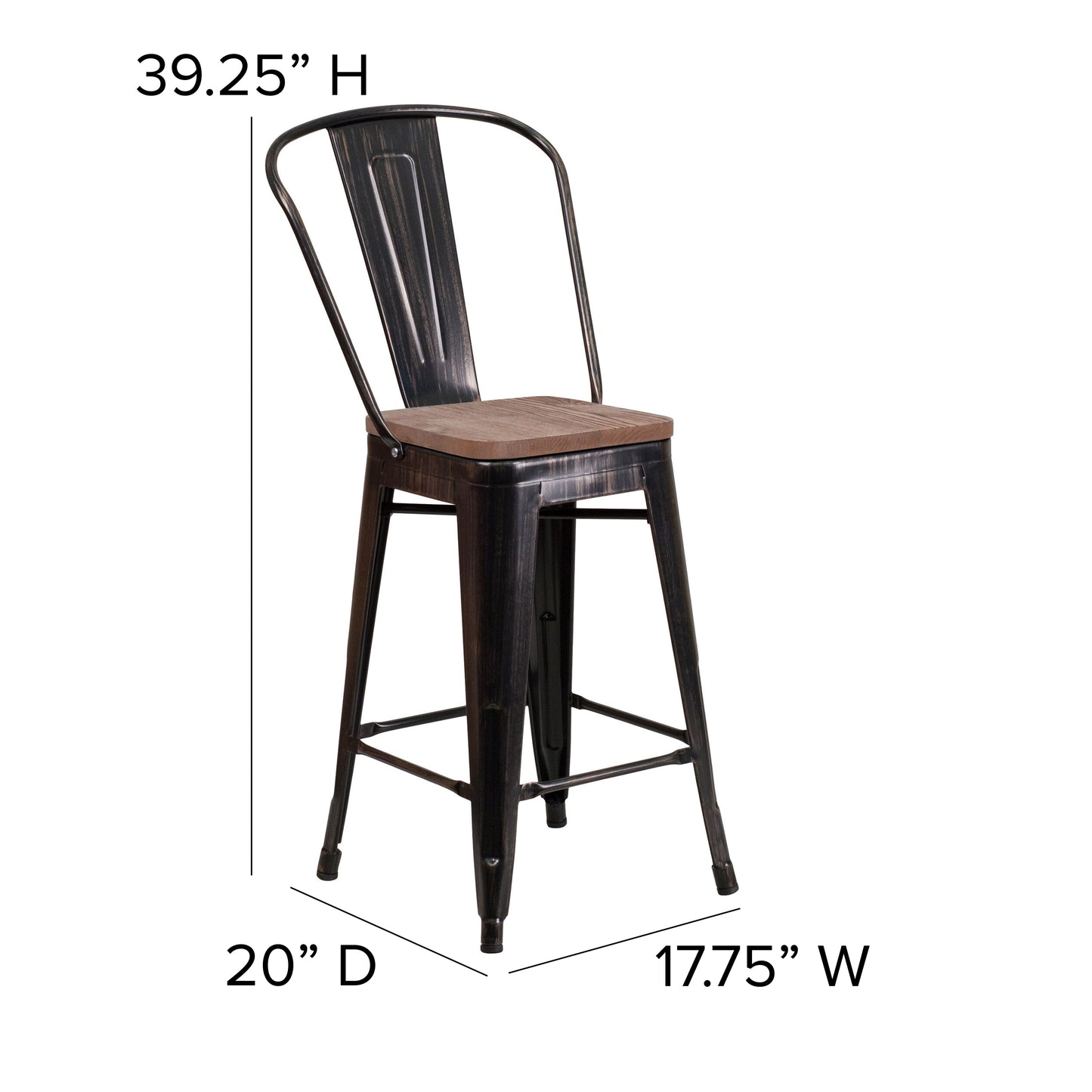 Lily 24" High Black-Antique Gold Metal Counter Height Stool with Back and Wood Seat Black-Antique Gold