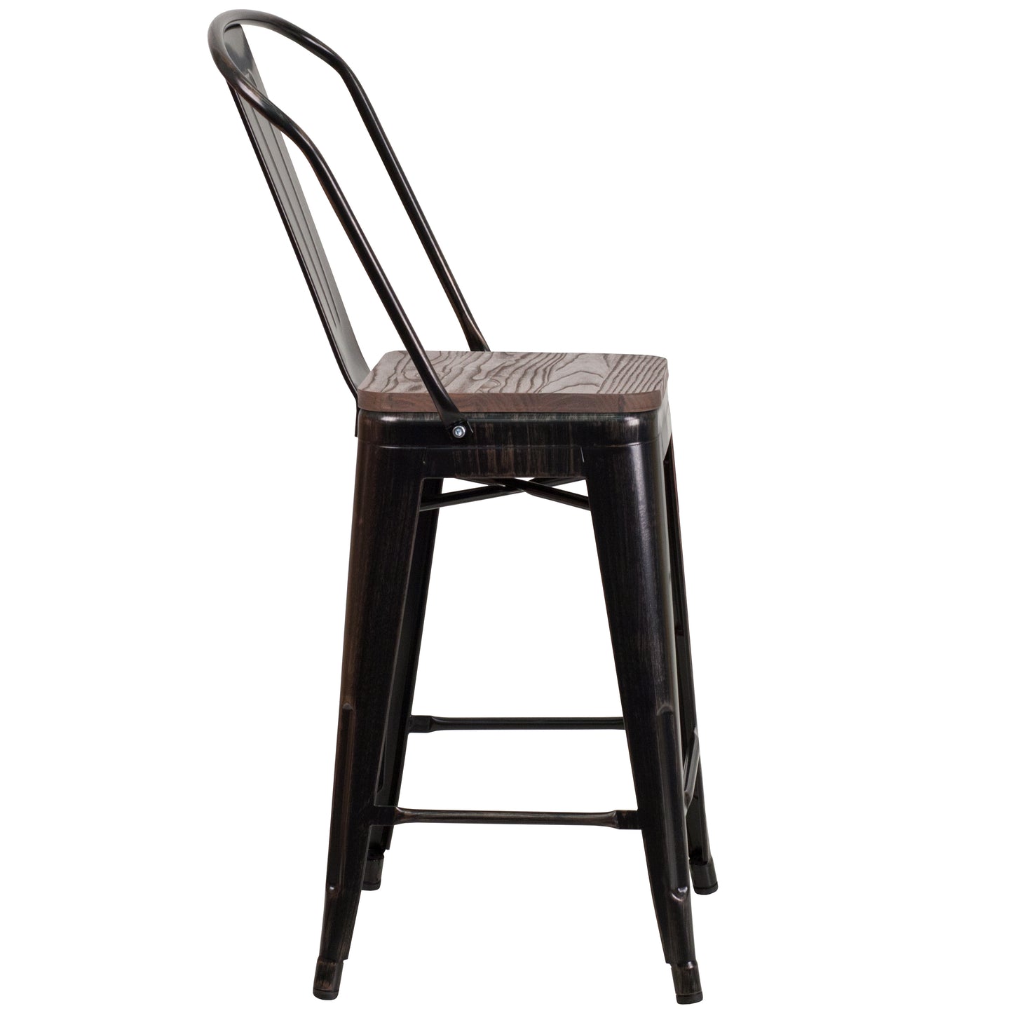 Lily 24" High Black-Antique Gold Metal Counter Height Stool with Back and Wood Seat Black-Antique Gold