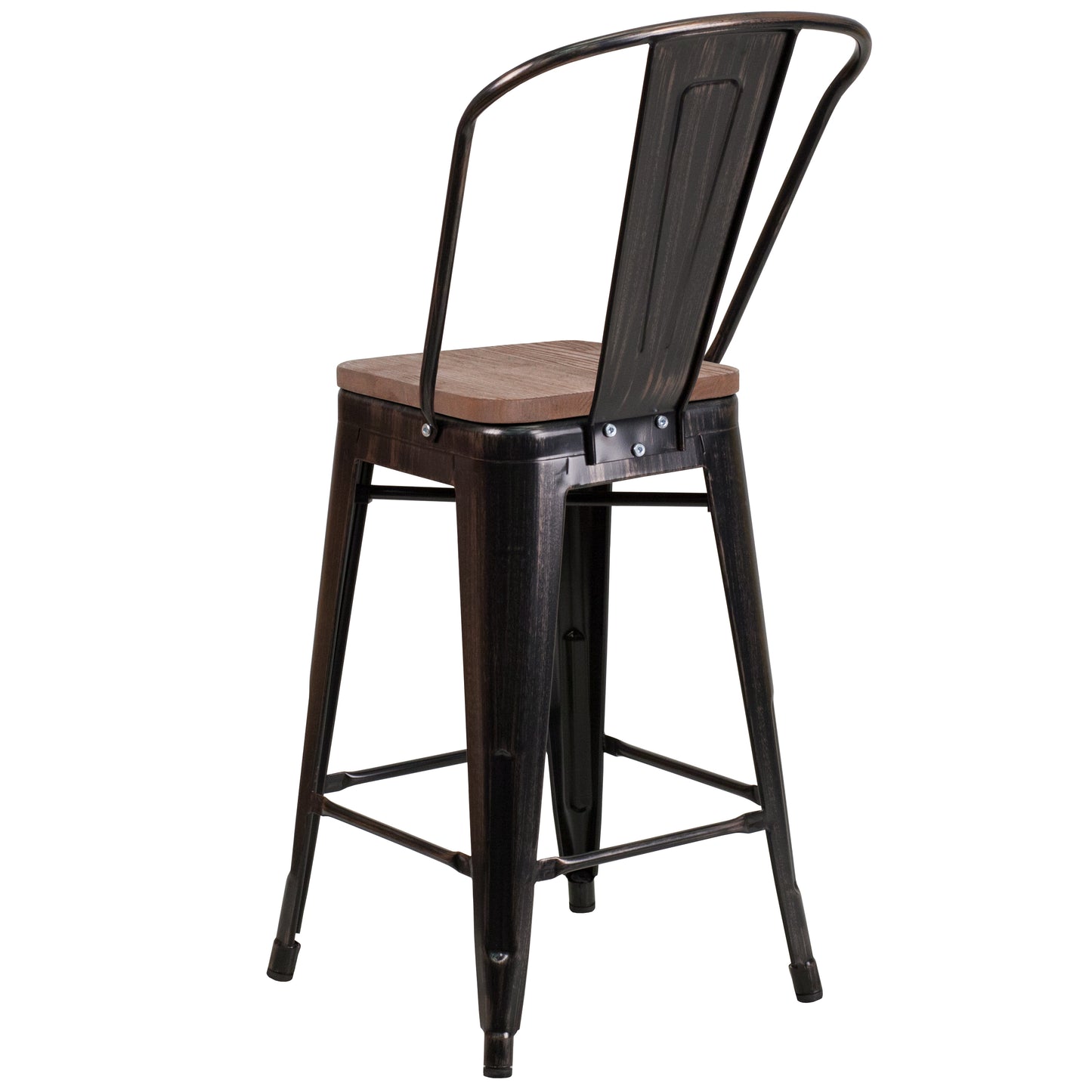 Lily 24" High Black-Antique Gold Metal Counter Height Stool with Back and Wood Seat Black-Antique Gold