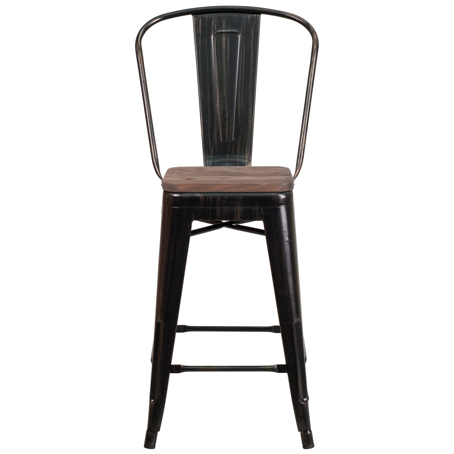 Lily 24" High Black-Antique Gold Metal Counter Height Stool with Back and Wood Seat Black-Antique Gold
