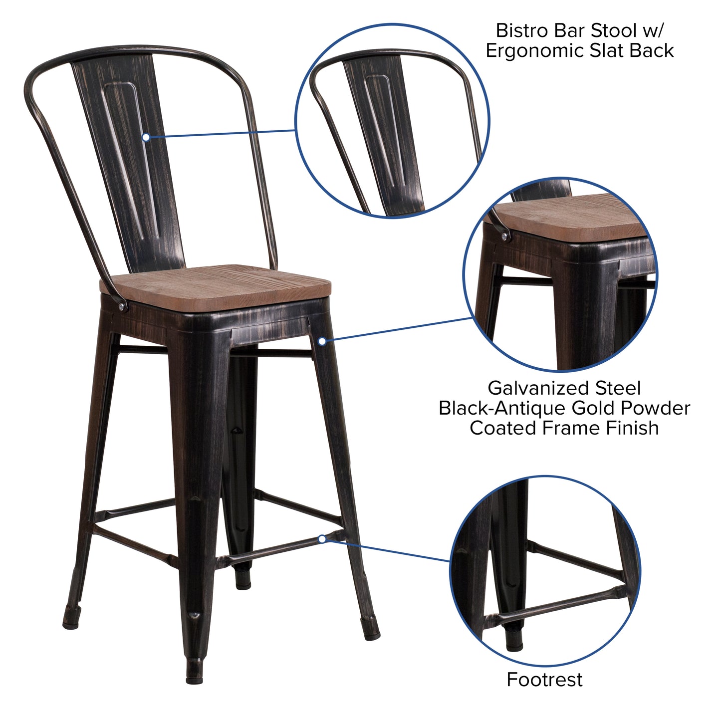 Lily 24" High Black-Antique Gold Metal Counter Height Stool with Back and Wood Seat Black-Antique Gold