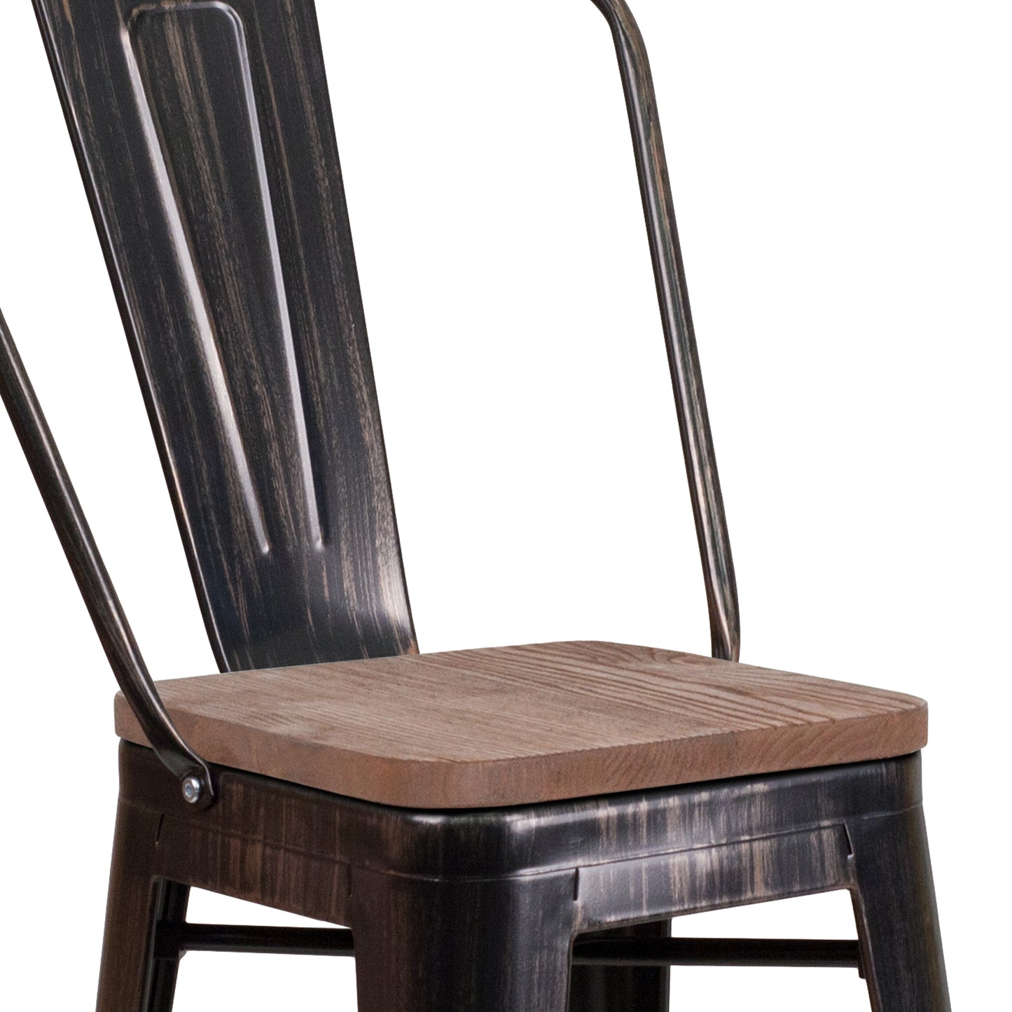 Lily 24" High Black-Antique Gold Metal Counter Height Stool with Back and Wood Seat Black-Antique Gold