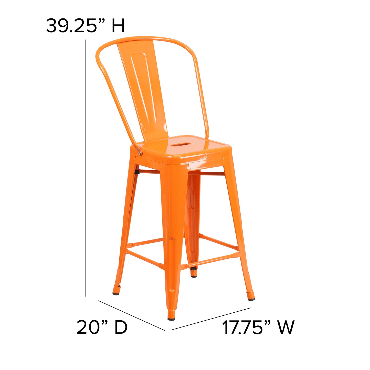 Kai Commercial Grade 24" High Orange Metal Indoor-Outdoor Counter Height Stool with Removable Back Orange