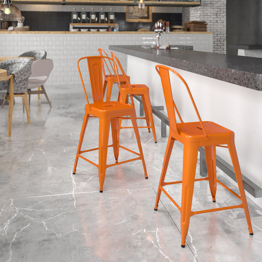 Kai Commercial Grade 24" High Orange Metal Indoor-Outdoor Counter Height Stool with Removable Back Orange
