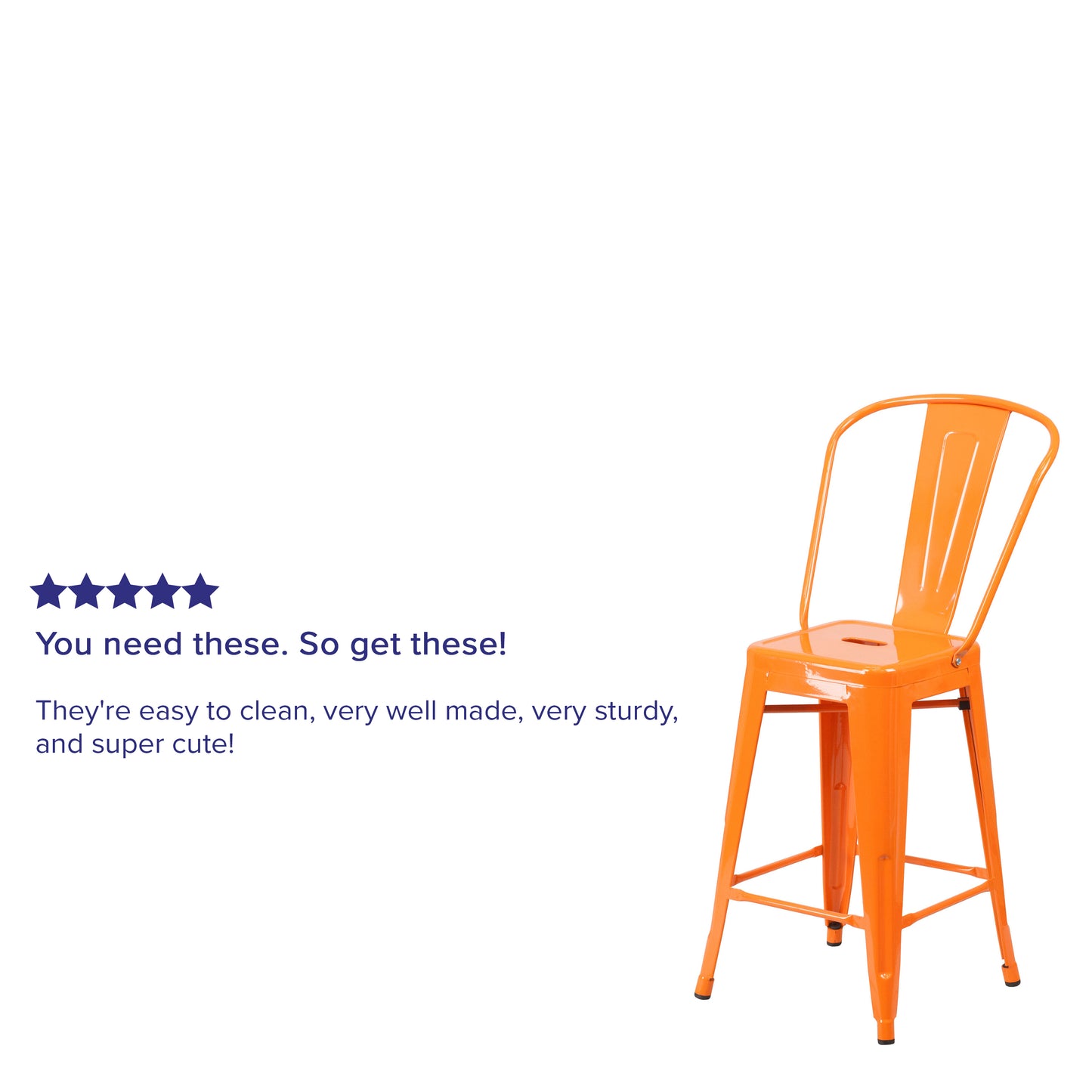 Kai Commercial Grade 24" High Orange Metal Indoor-Outdoor Counter Height Stool with Removable Back Orange