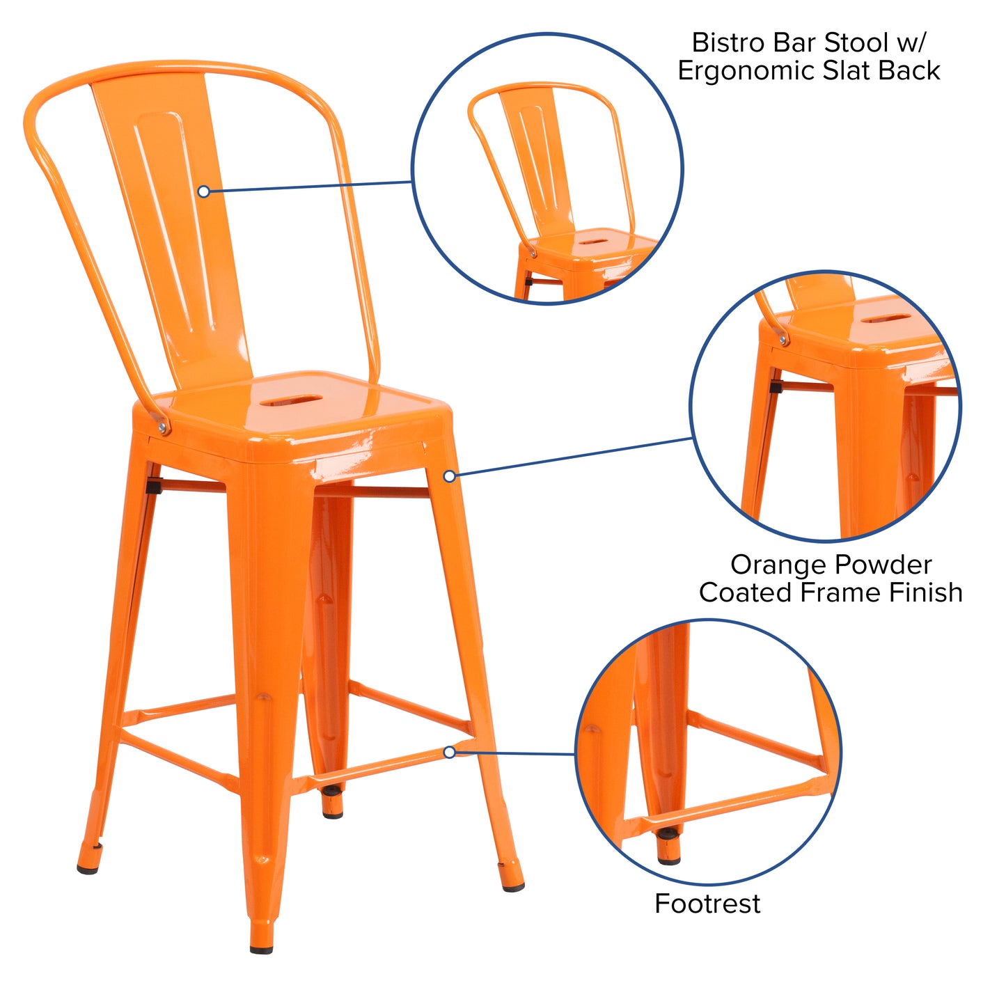 Kai Commercial Grade 24" High Orange Metal Indoor-Outdoor Counter Height Stool with Removable Back Orange