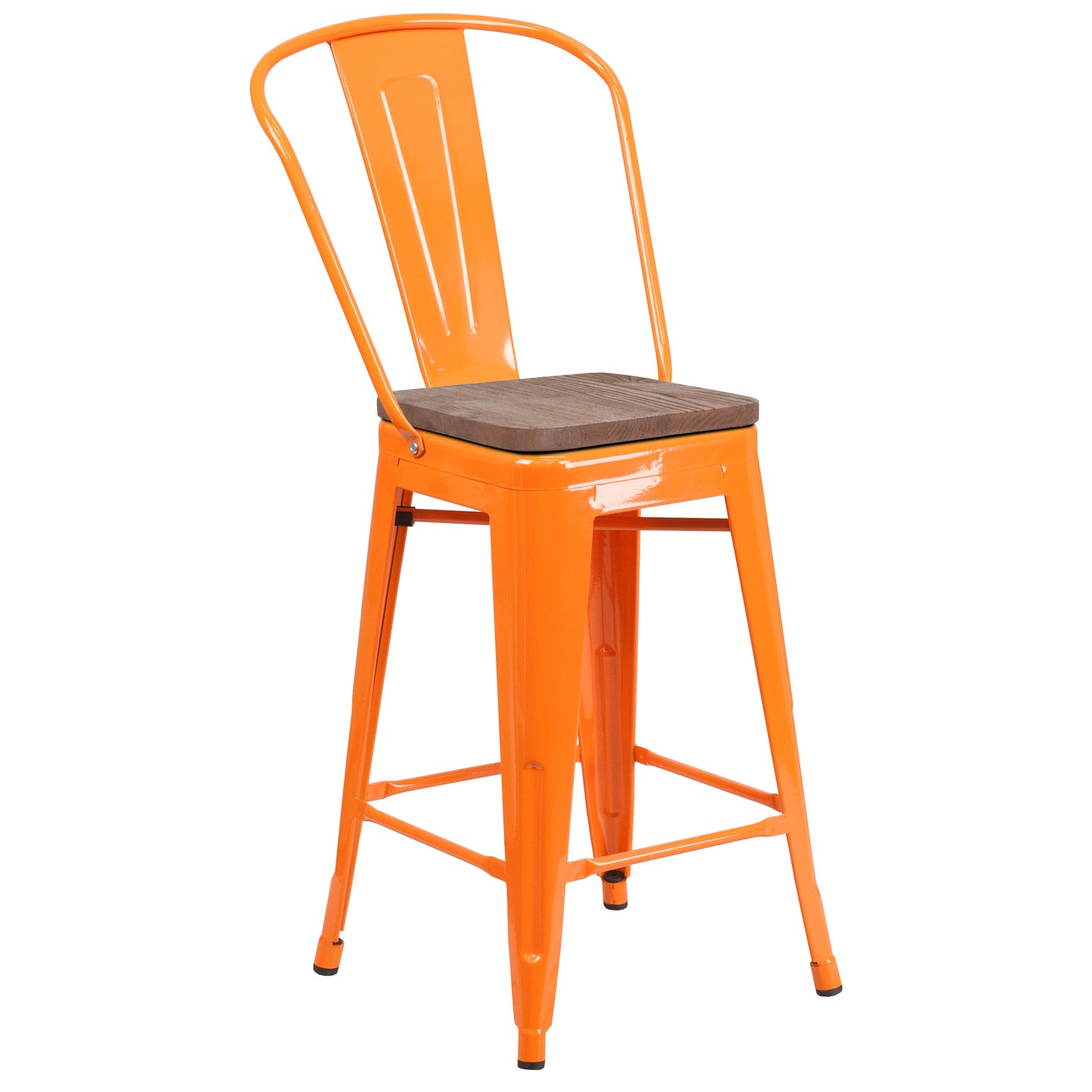 Lily 24" High Orange Metal Counter Height Stool with Back and Wood Seat Orange
