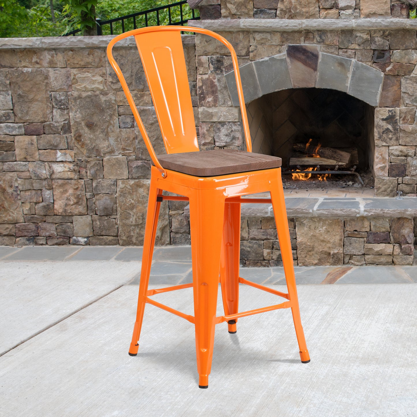 Lily 24" High Orange Metal Counter Height Stool with Back and Wood Seat Orange