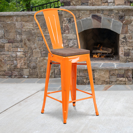 Lily 24" High Orange Metal Counter Height Stool with Back and Wood Seat Orange