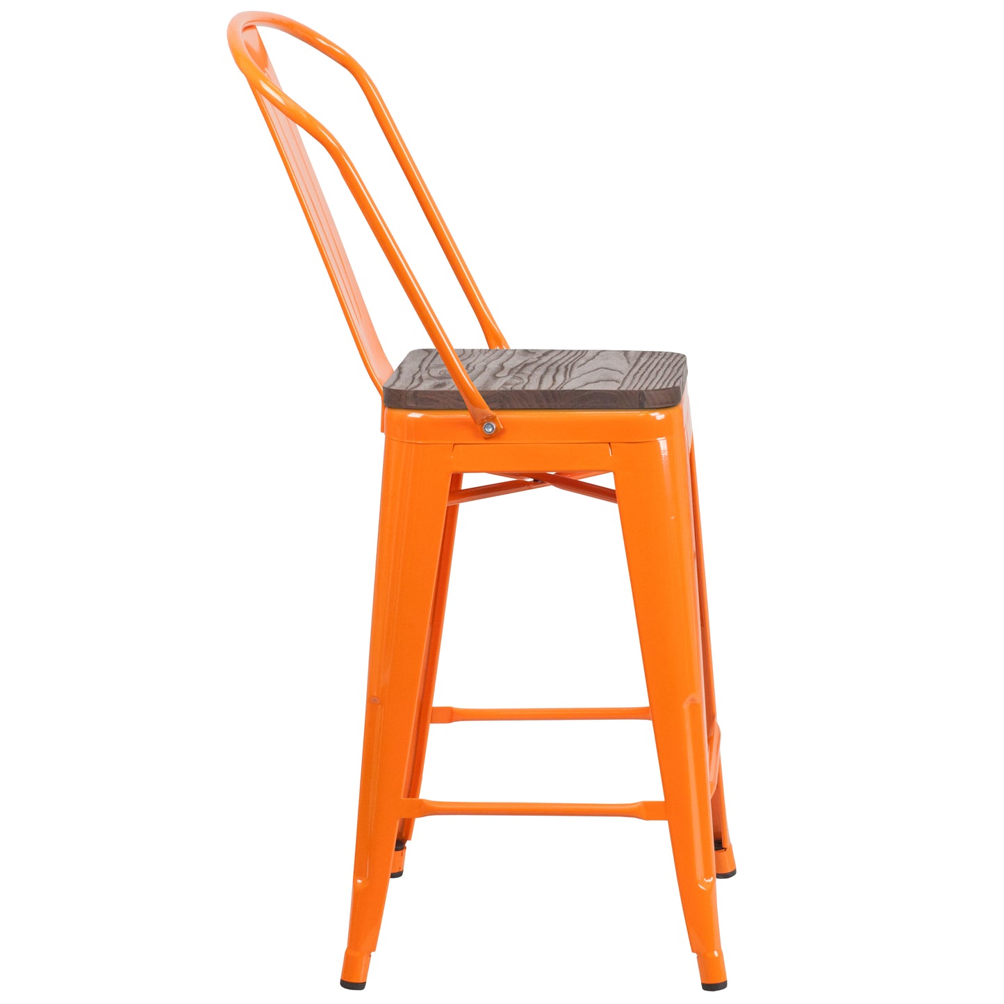Lily 24" High Orange Metal Counter Height Stool with Back and Wood Seat Orange