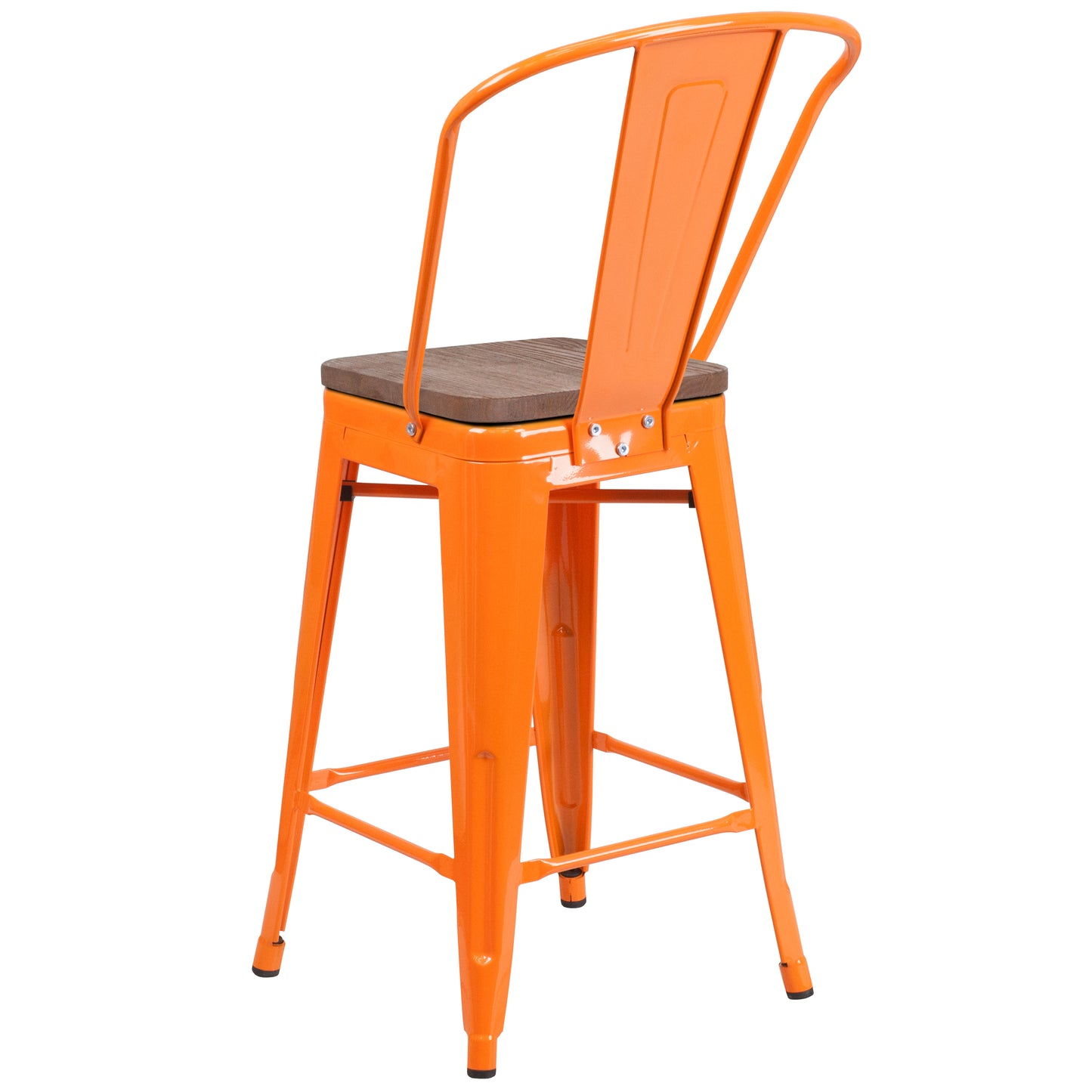 Lily 24" High Orange Metal Counter Height Stool with Back and Wood Seat Orange