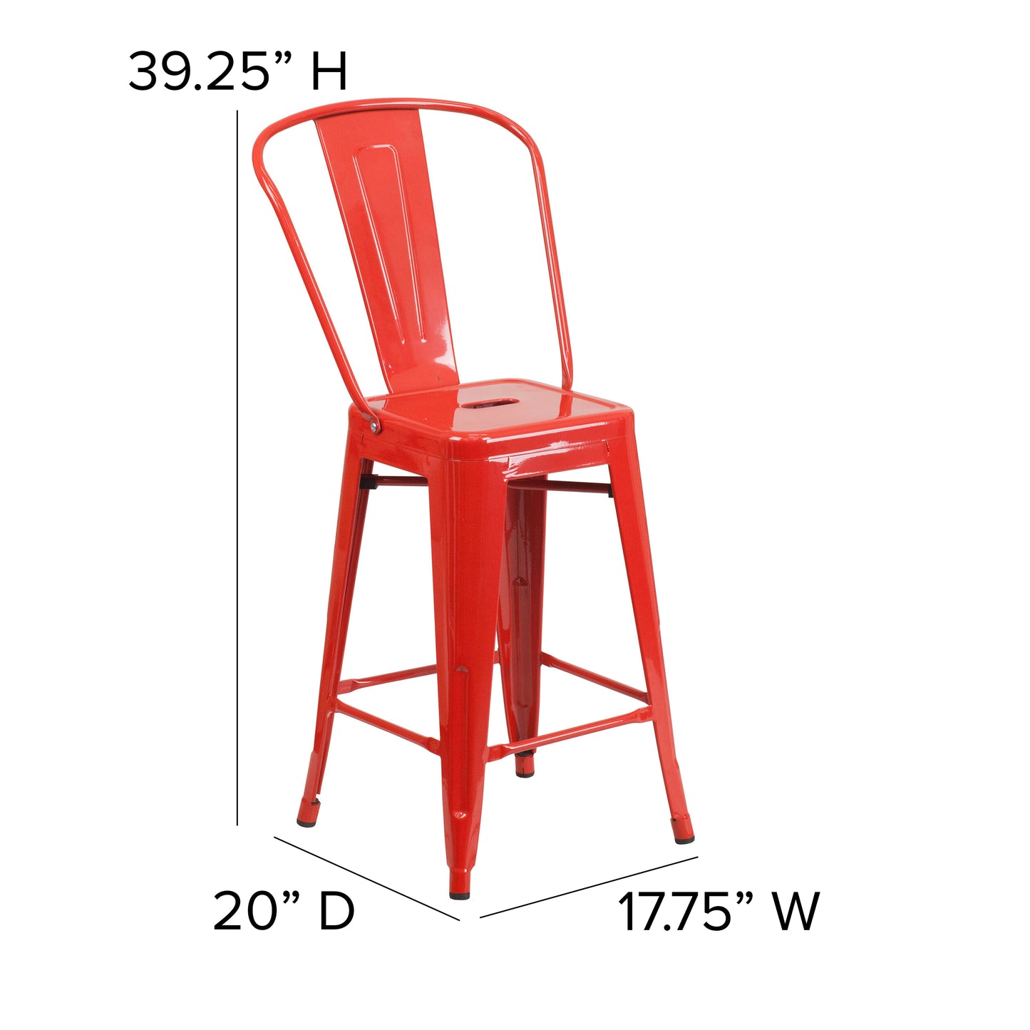 Kai Commercial Grade 24" High Red Metal Indoor-Outdoor Counter Height Stool with Removable Back Red