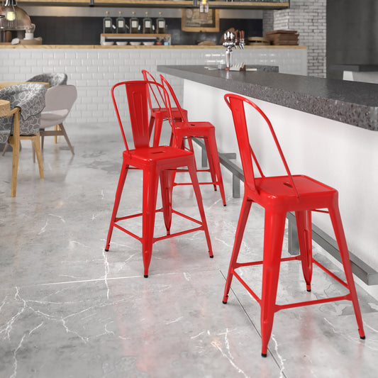 Kai Commercial Grade 24" High Red Metal Indoor-Outdoor Counter Height Stool with Removable Back Red
