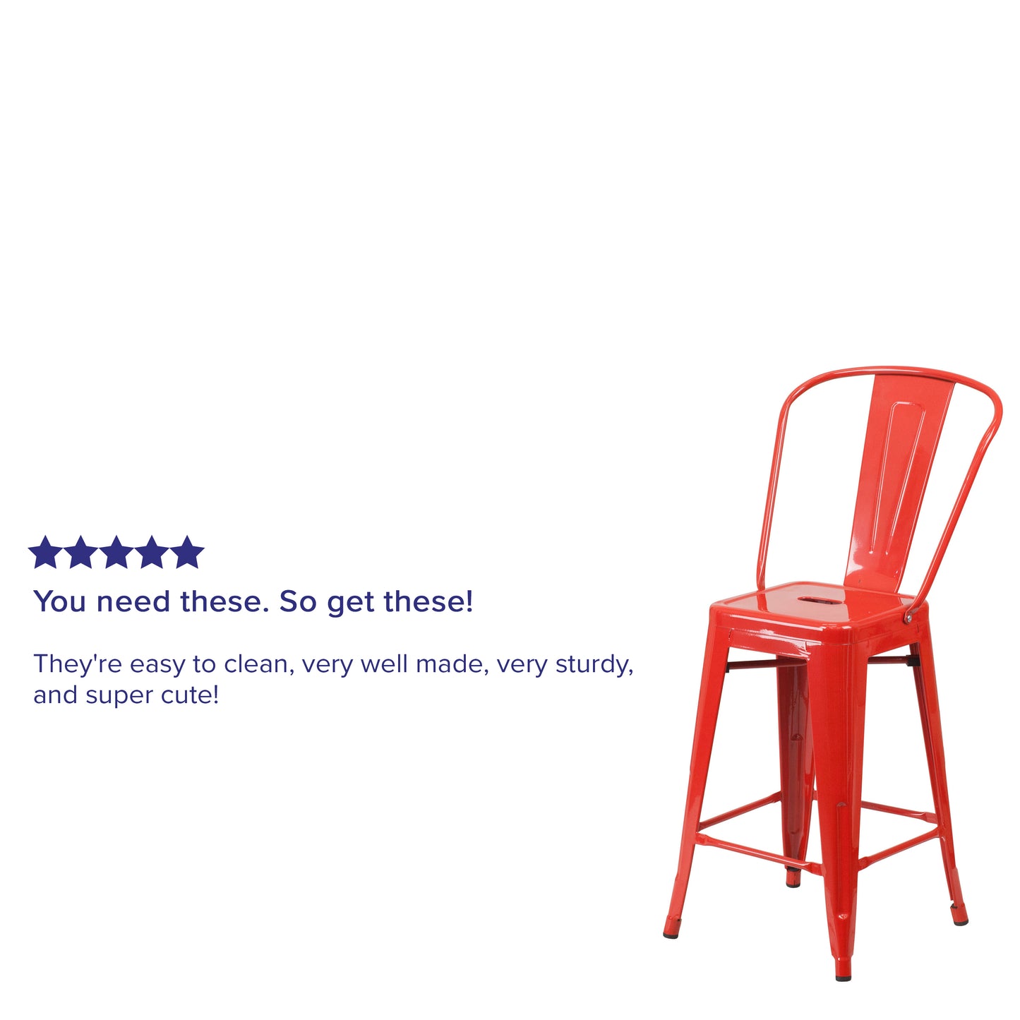 Kai Commercial Grade 24" High Red Metal Indoor-Outdoor Counter Height Stool with Removable Back Red