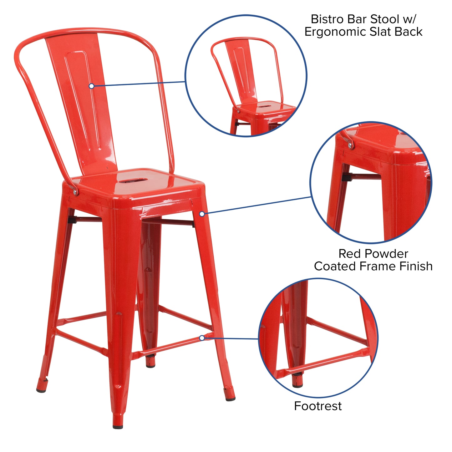Kai Commercial Grade 24" High Red Metal Indoor-Outdoor Counter Height Stool with Removable Back Red