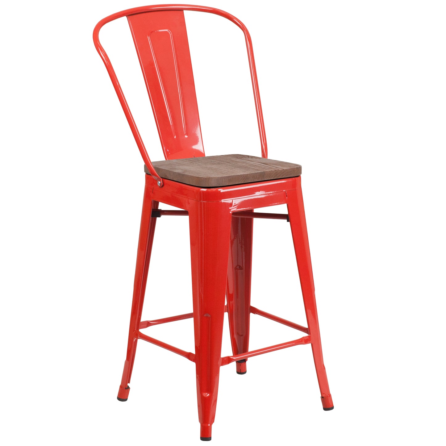 Lily 24" High Red Metal Counter Height Stool with Back and Wood Seat Red