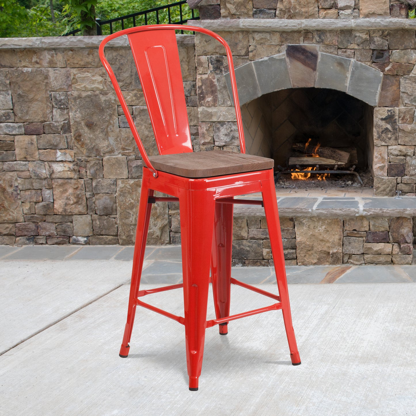 Lily 24" High Red Metal Counter Height Stool with Back and Wood Seat Red