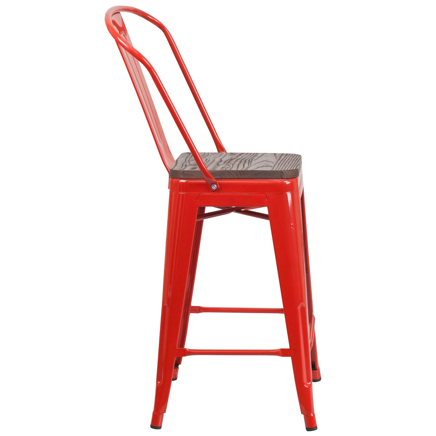 Lily 24" High Red Metal Counter Height Stool with Back and Wood Seat Red