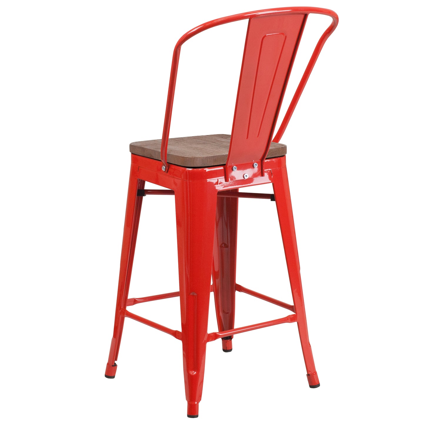 Lily 24" High Red Metal Counter Height Stool with Back and Wood Seat Red