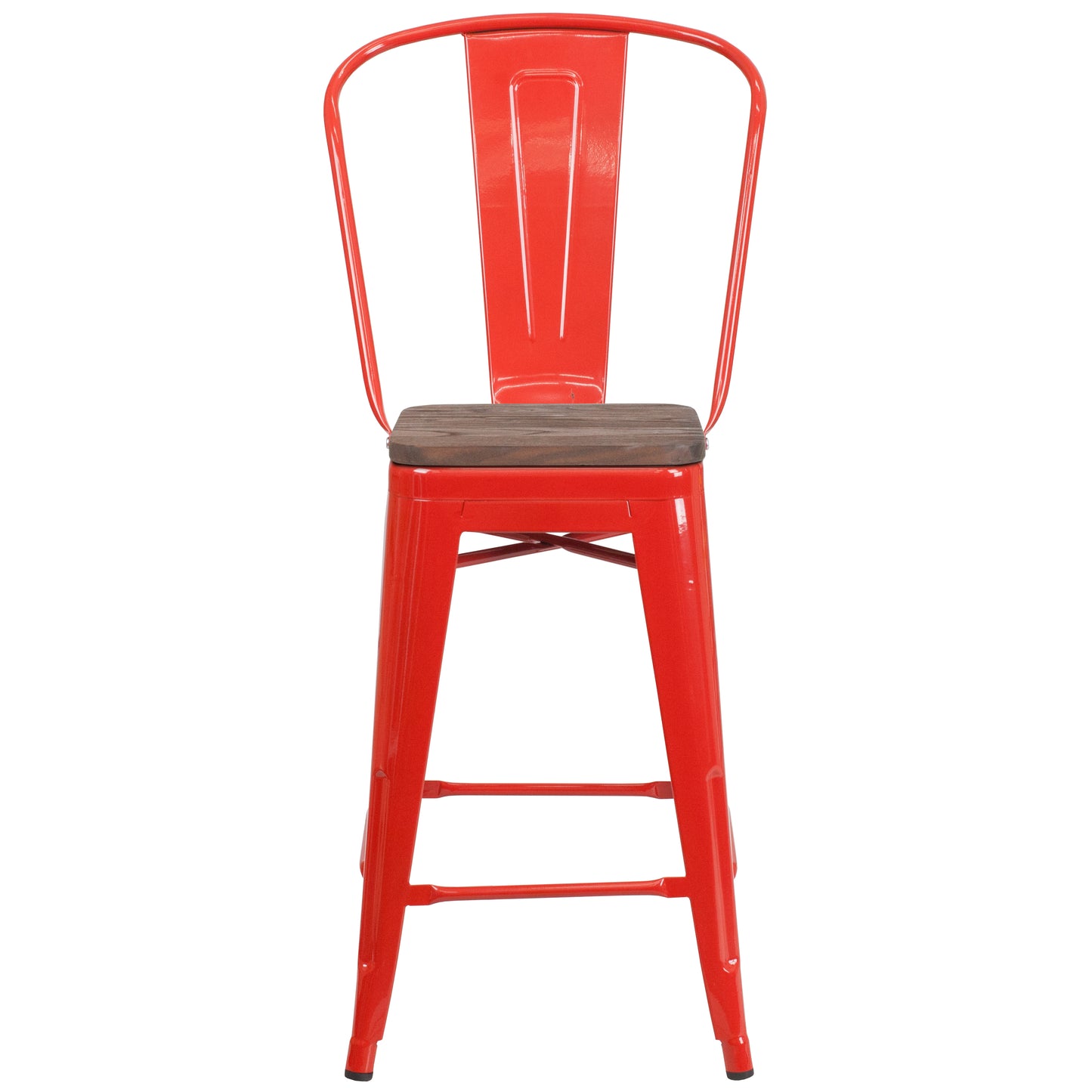 Lily 24" High Red Metal Counter Height Stool with Back and Wood Seat Red